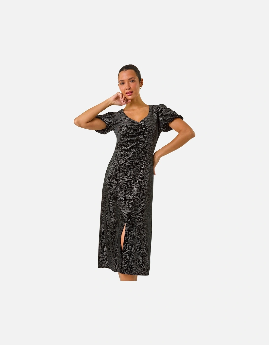 Velvet Ruched Front Stretch Midi Dress, 2 of 1