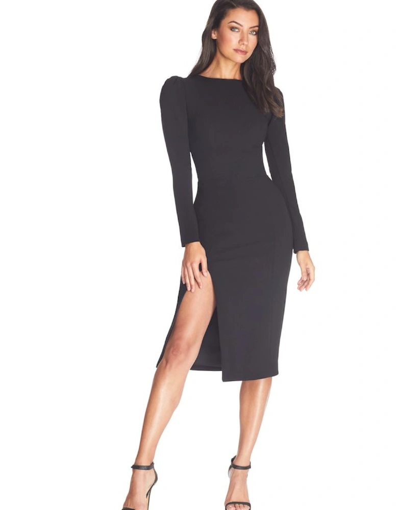 Nadia Puff Sleeve High Slit Midi Dress Plain