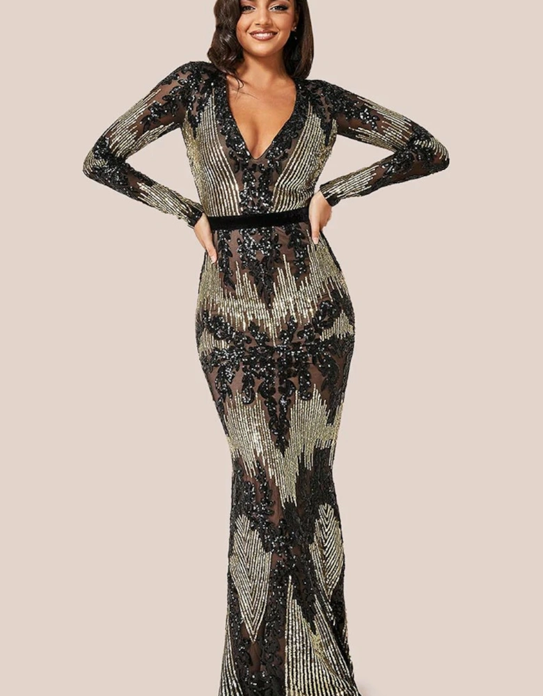 Long Sleeve Sequin Evening Maxi Dress
