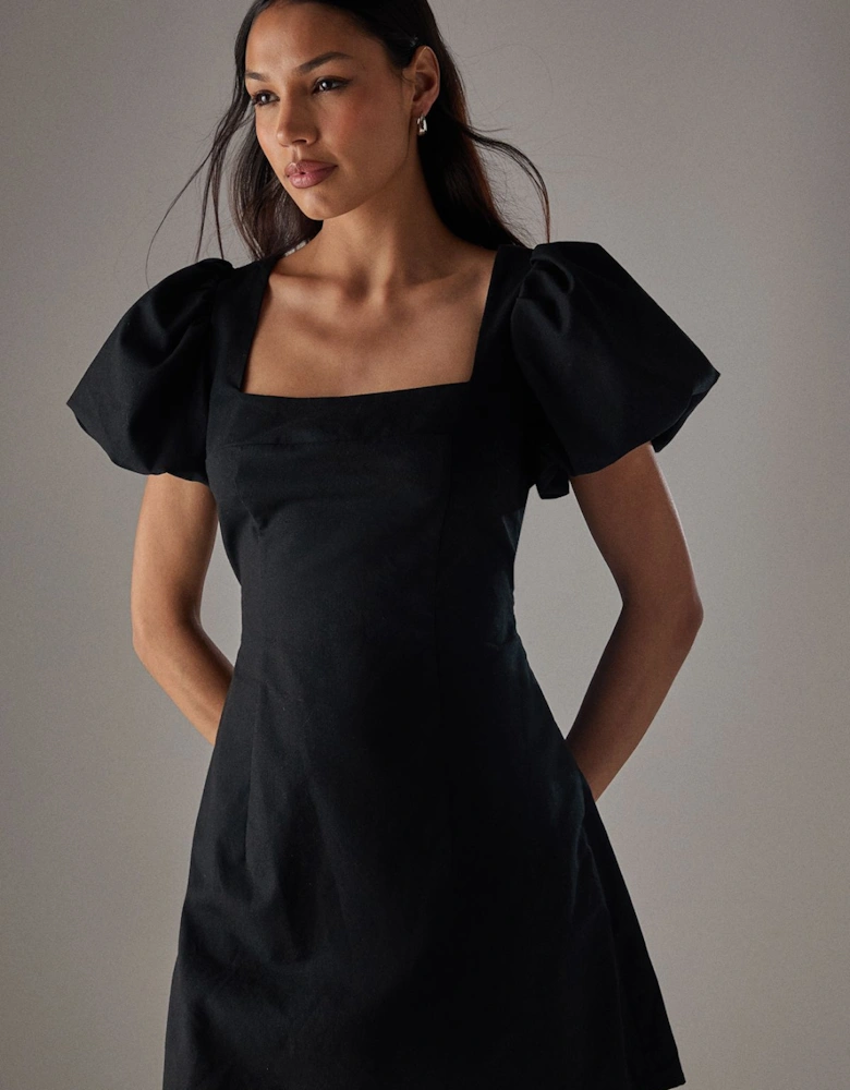 HCD Linen Square Neck Puff Sleeve Mini Dress