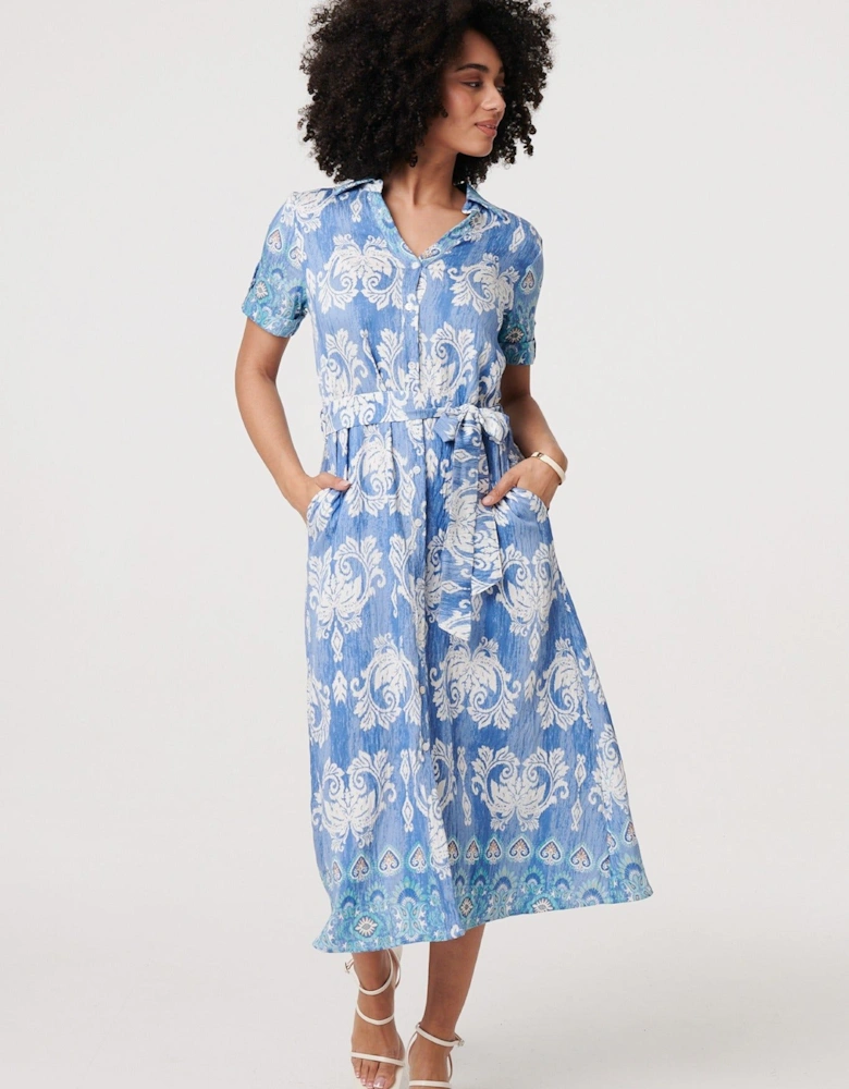 Ikat Print Tie Waist Midi Shirt Dress