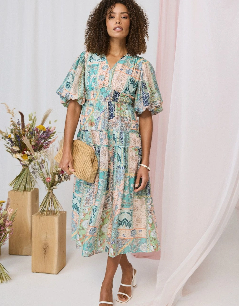 Patchwork Print 1/2 Puff Sleeve Midi Dress