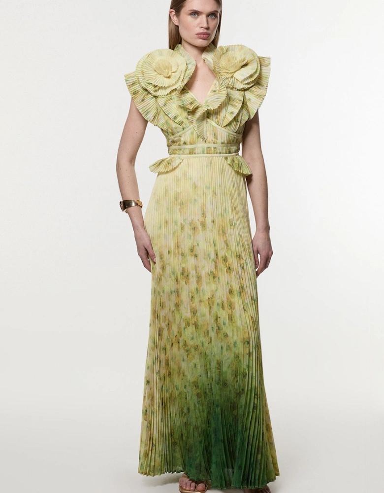 Crinkle Pleat Border Print Maxi Dress With Rosette Detail