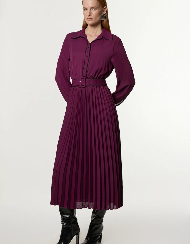 Tall Georgette Pleated Woven Belted Midi Dress