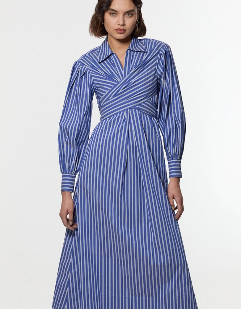 Tall Stripe Cotton Poplin Drama Sleeve Woven Wrap Detail Shirt Dress