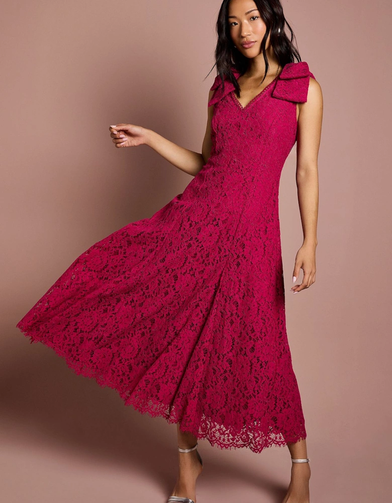 Bow Shoulder V Neck Lace Midi Dress