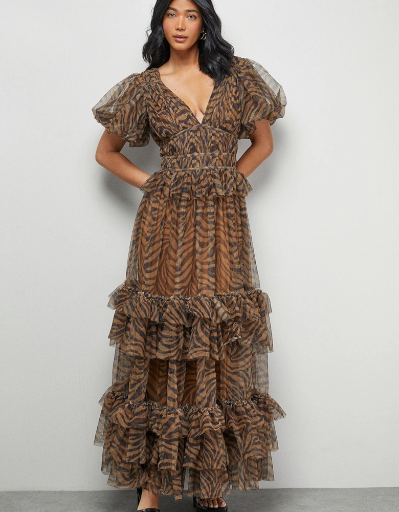 Zebra Print Tulle Ruffle Maxi Dress