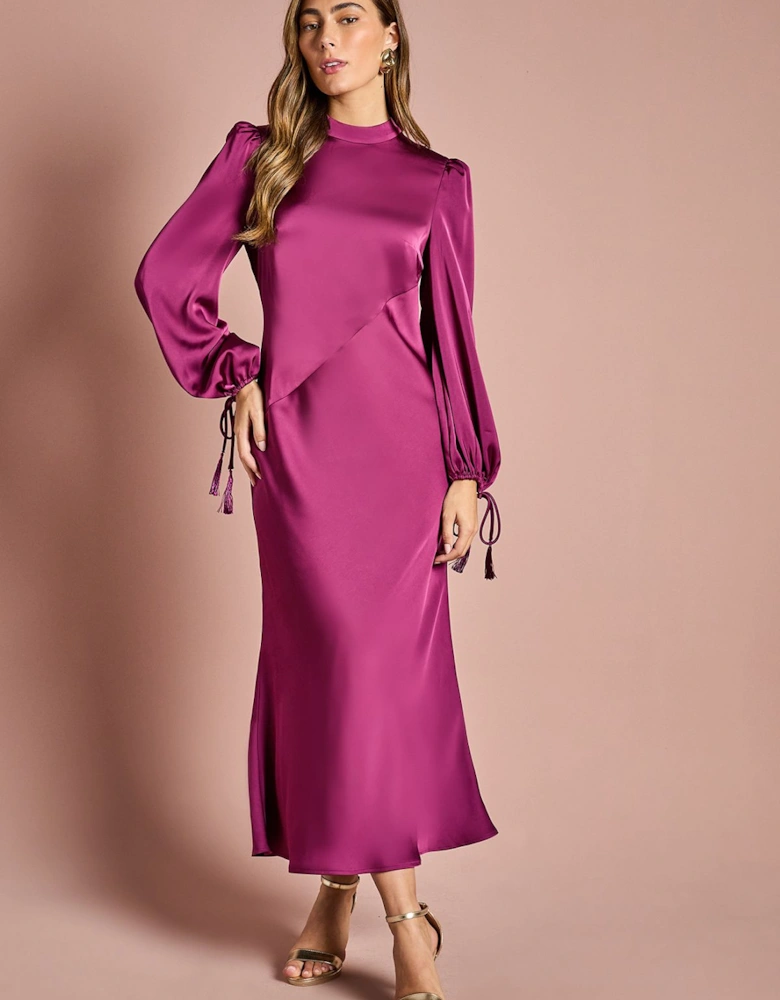 Blouson Sleeve Satin Midi Dress