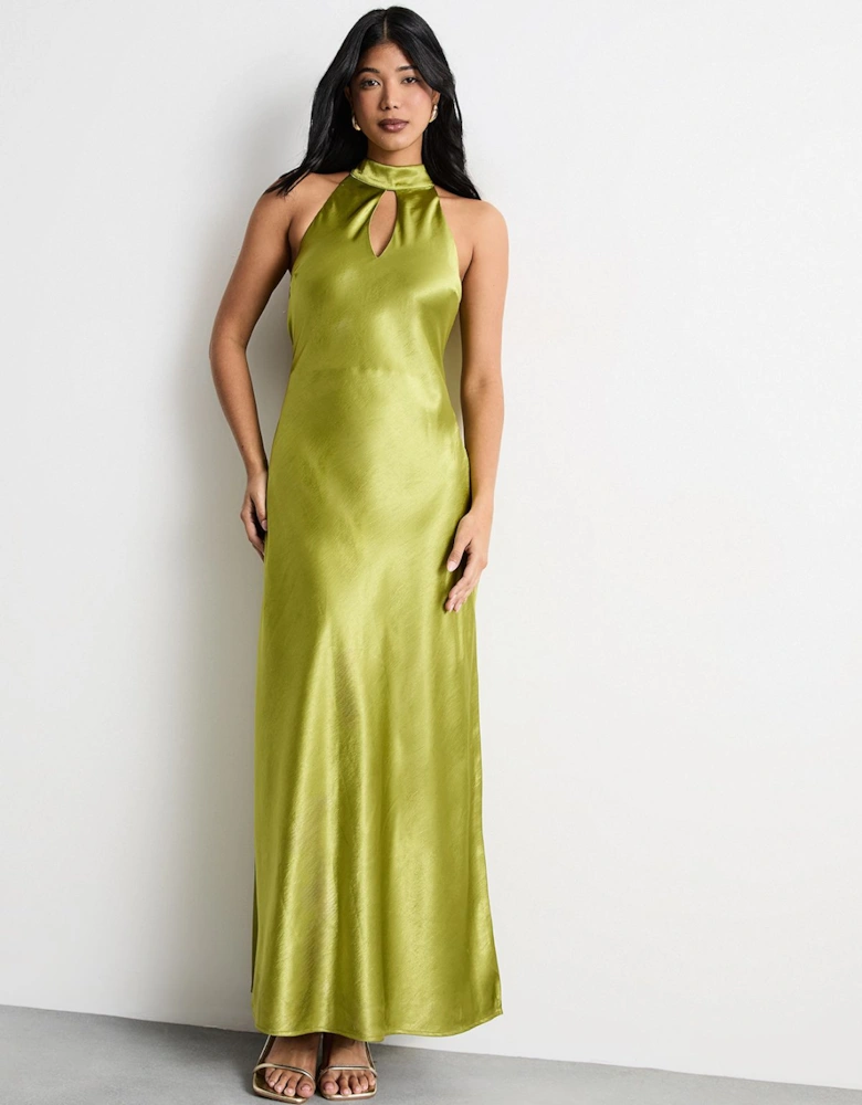 Satin Tie Neck Cowl Front Maxi Dress