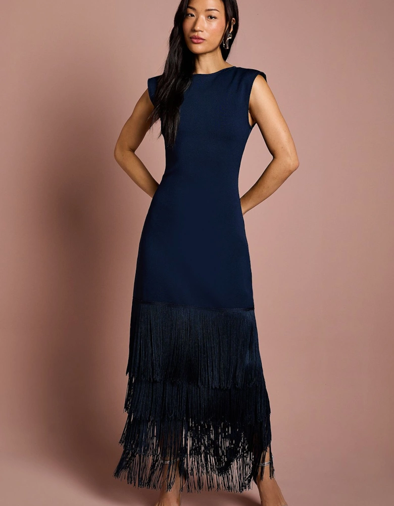 Bandage Knit Fringed Hem Midi Dress