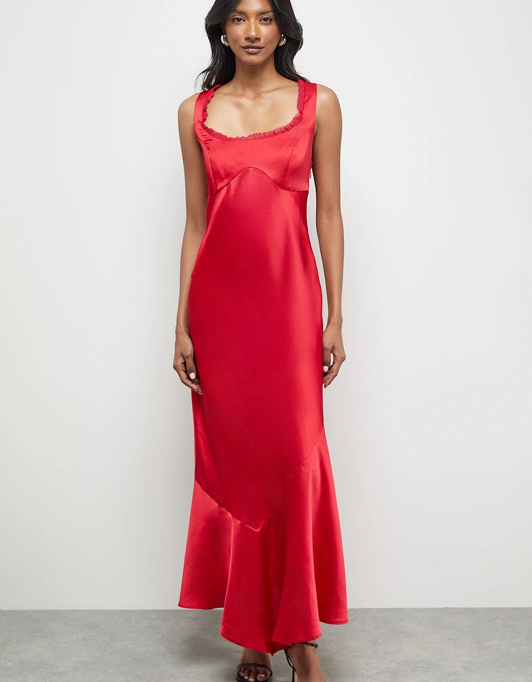 Premium Viscose Satin Raw Edge Asymmetric Midi Slip Dress, 2 of 1