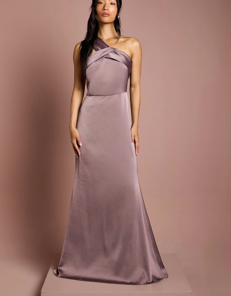 Asymmetric Neckline Satin Bridesmaid Maxi Dress