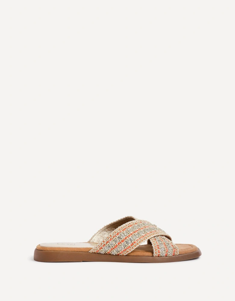 Genie Orange Embellished Raffia Flat Slider Sandal