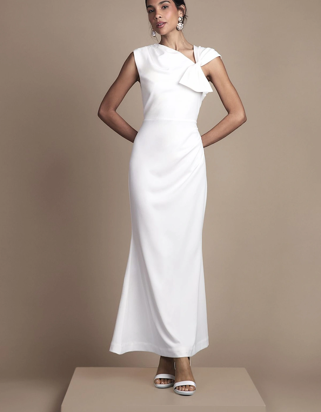 Asymetric Neckline with Bow Detail Crepe Midi Wedding Dress, 2 of 1