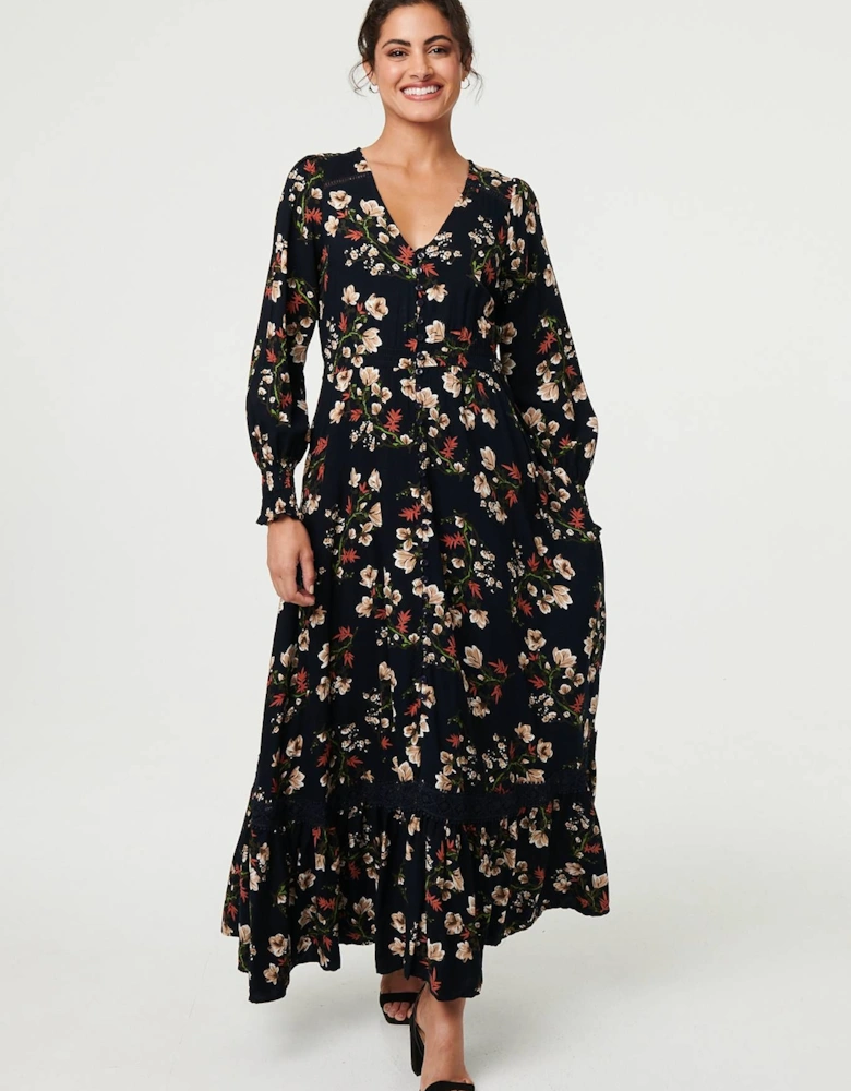Floral Long Sleeve Lace Trim Maxi Dress