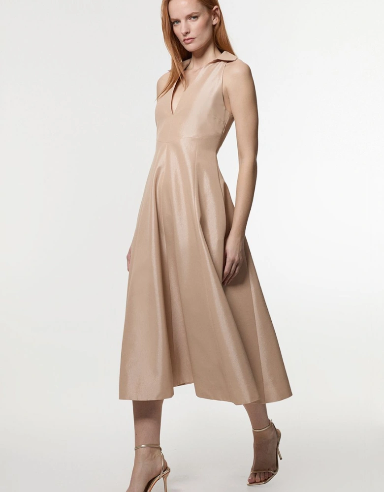 Petite Metallic Taffeta Tux Tailored Full Skirted Shirt Dress