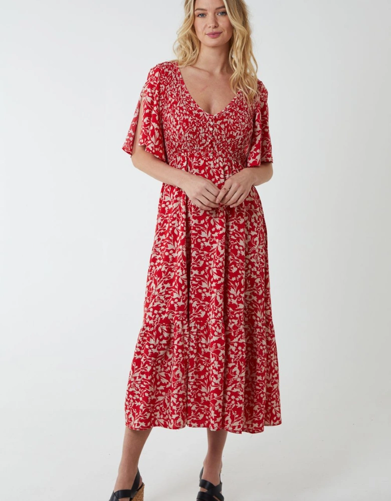 Shirred Bust Midi Dress With Angel Sleeves