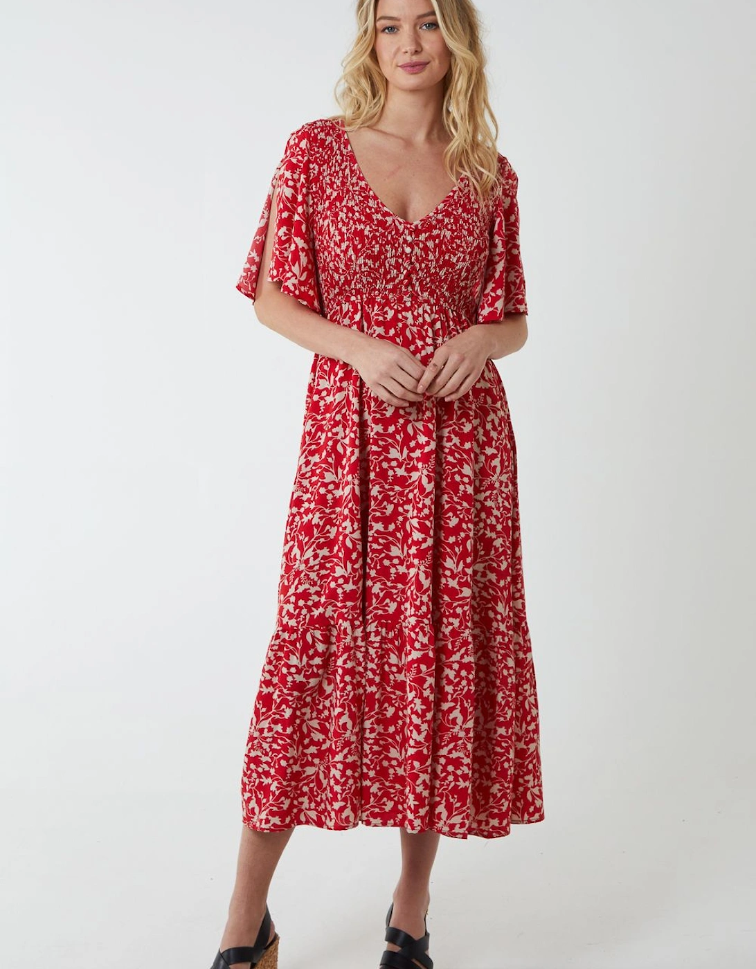 Shirred Bust Midi Dress With Angel Sleeves, 2 of 1