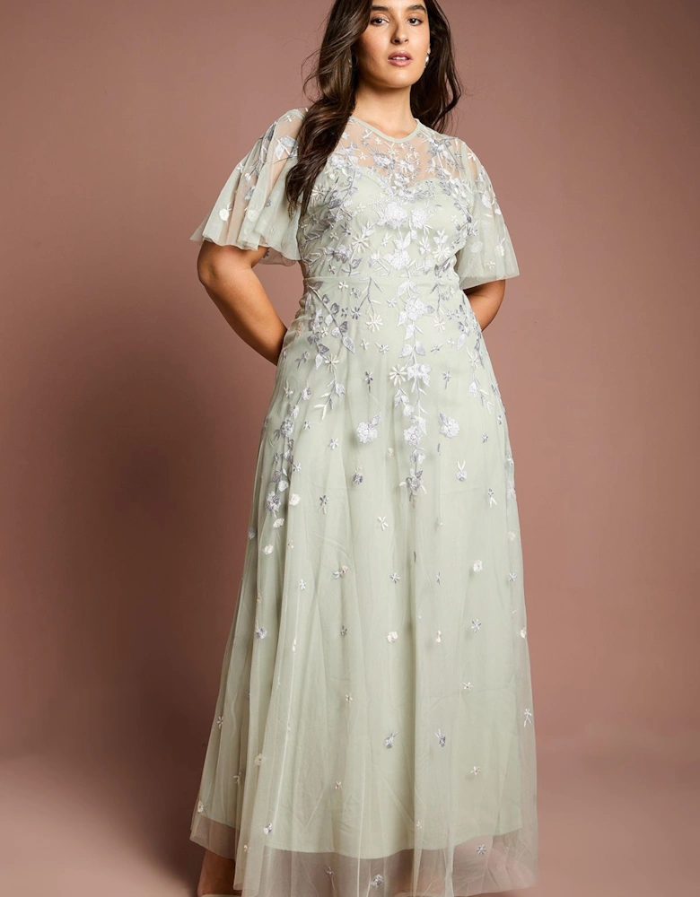 Plus Size Embroidered Angel Sleeve Bridesmaid Maxi Dress