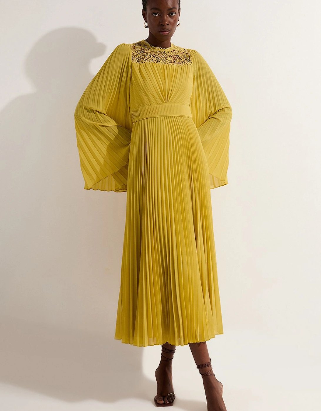 Soft Pleated Lace Detail Woven Kimono Sleeve Maxi Dress, 2 of 1