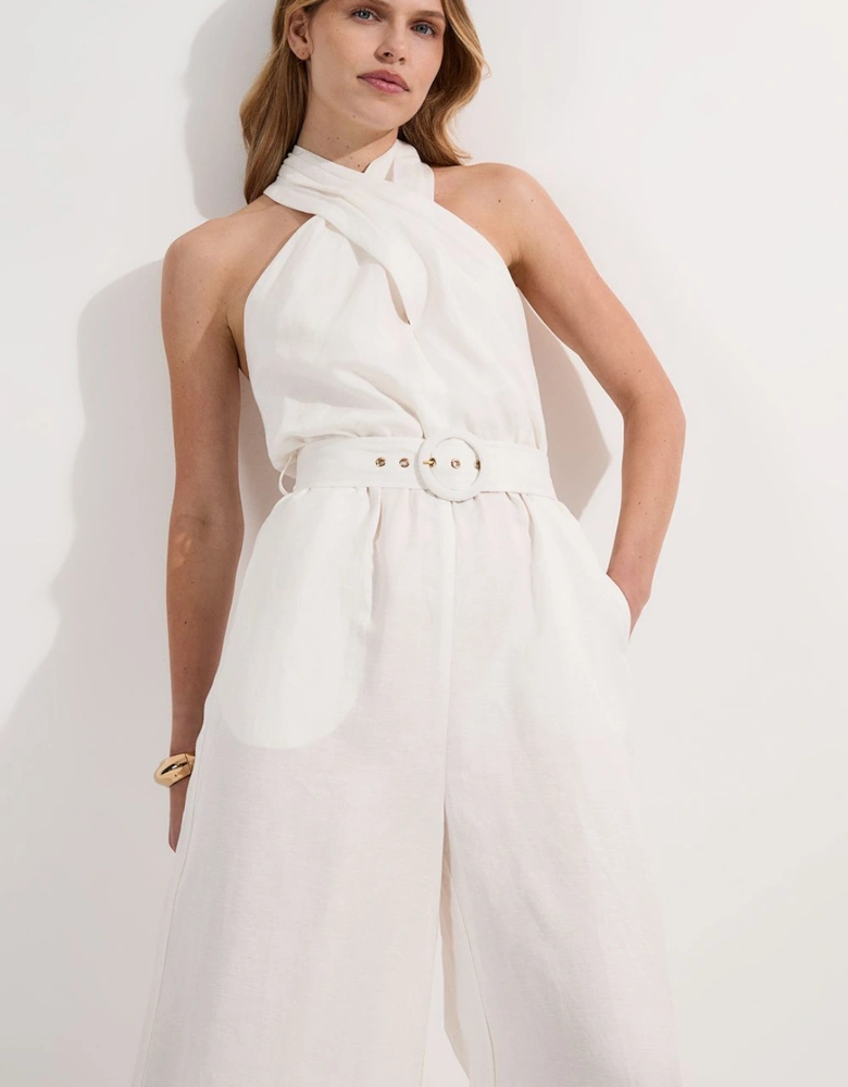 Linen Viscose Cross Front Woven Belted Jumpsuit