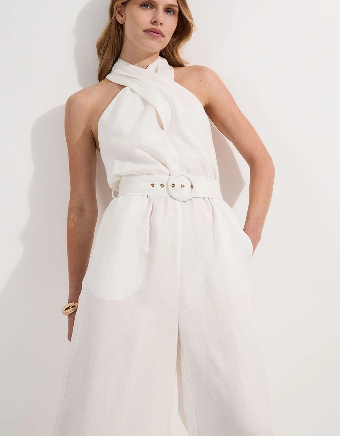Linen Viscose Cross Front Woven Belted Jumpsuit, 2 of 1