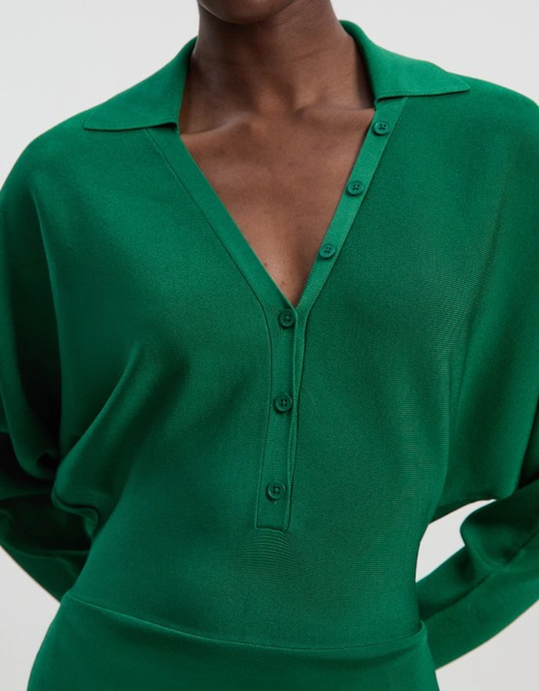 Petite Viscose Blend Slinky Batwing Button Neck Knit Midi Dress