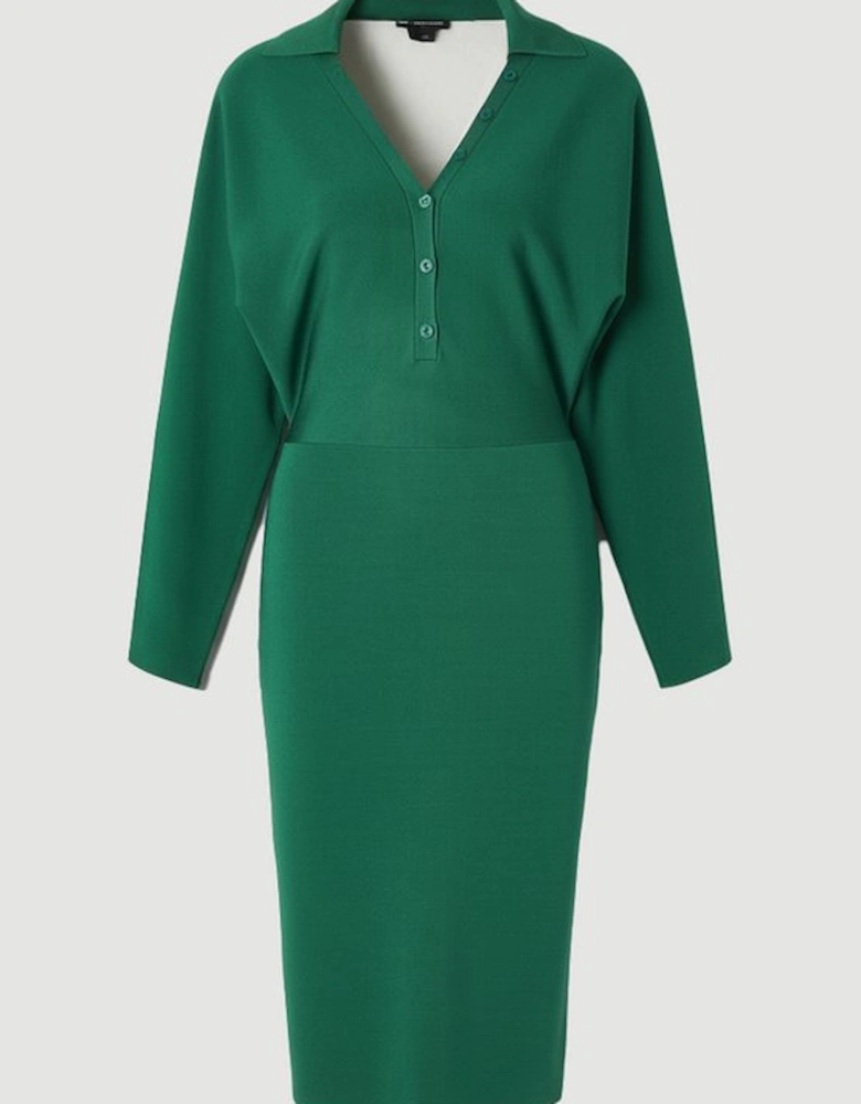 Petite Viscose Blend Slinky Batwing Button Neck Knit Midi Dress