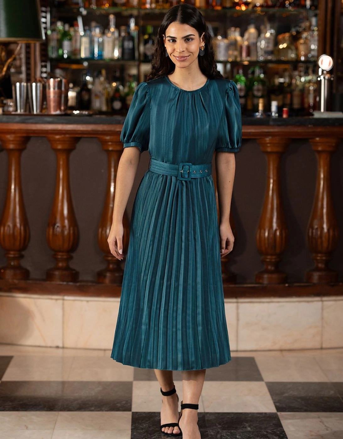 Green Satin Striped Midi Dress With Pleats and Matching Belt, 2 of 1