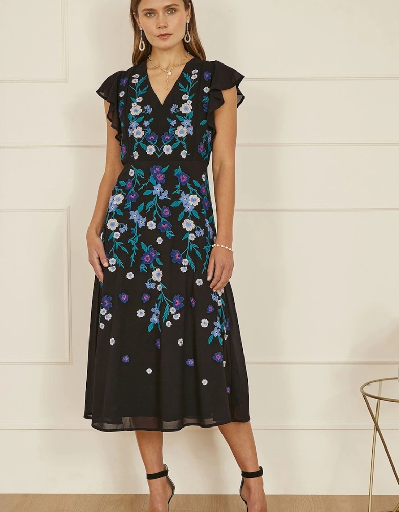 Black All Over Floral Embroidery Midi Skater Dress
