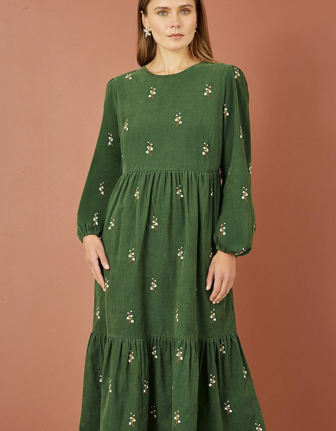 Green Long Sleeve Midi Dress With Floral Embroidery, 2 of 1
