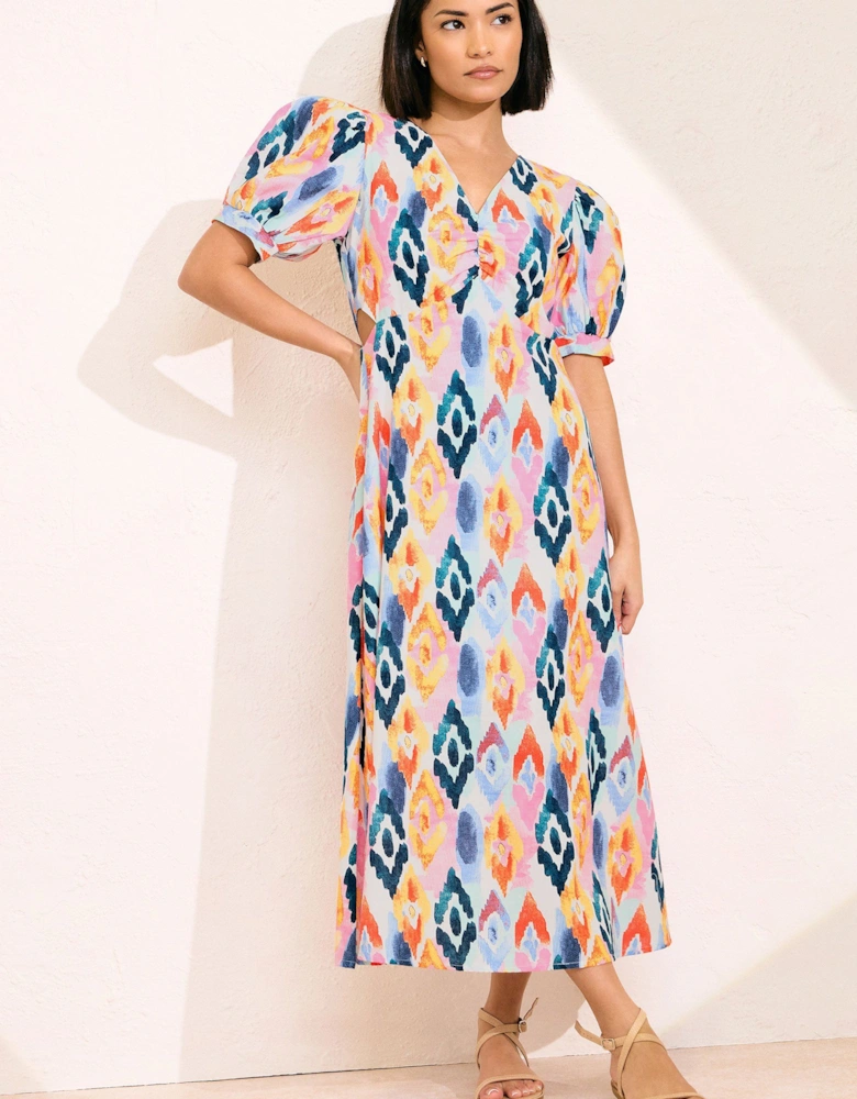 Petite Abstract Puff Sleeve Midaxi Dress