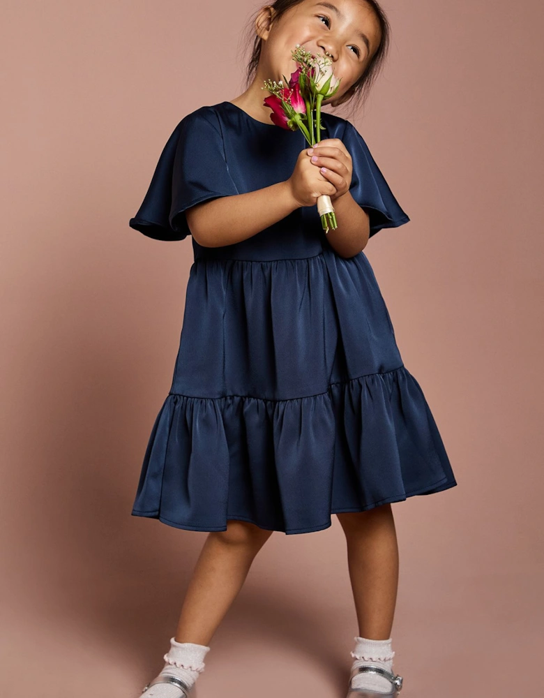 Girls Satin Back Crepe Tiered Angel Sleeve Dress