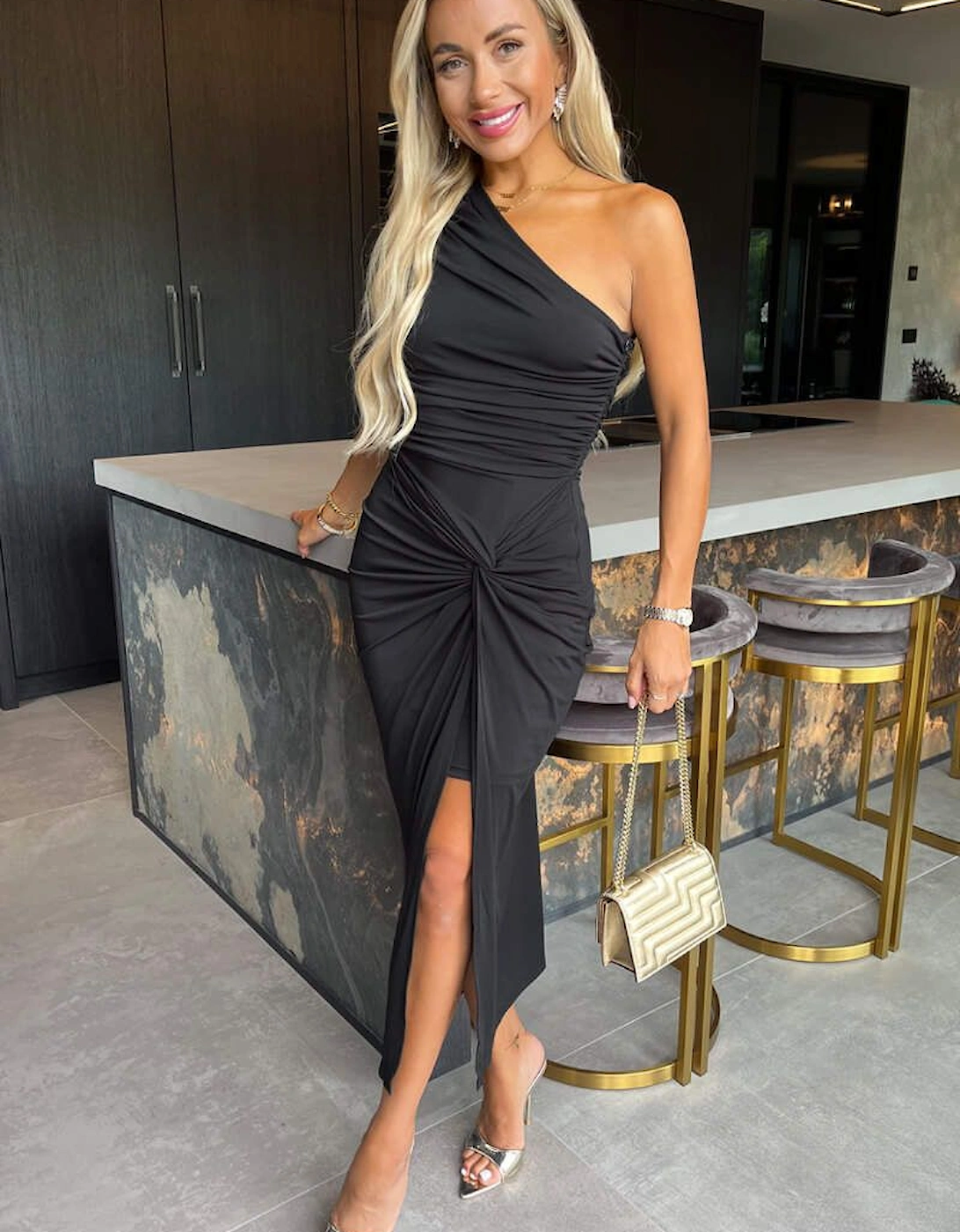Black One Shoulder Knot Skirt Midi Dress, 2 of 1