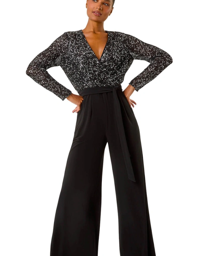 Sequin Wrap V-Neck Stretch Jumpsuit