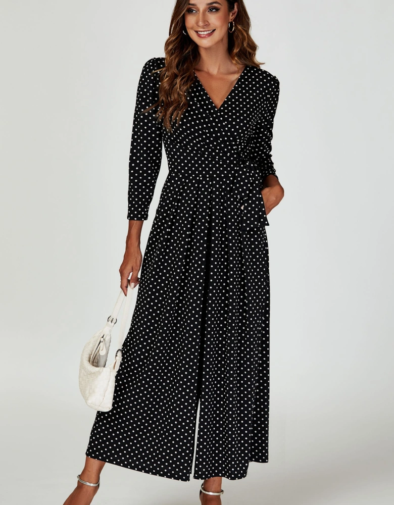 Dot Print Wrap Top Jumpsuit Dress In Black