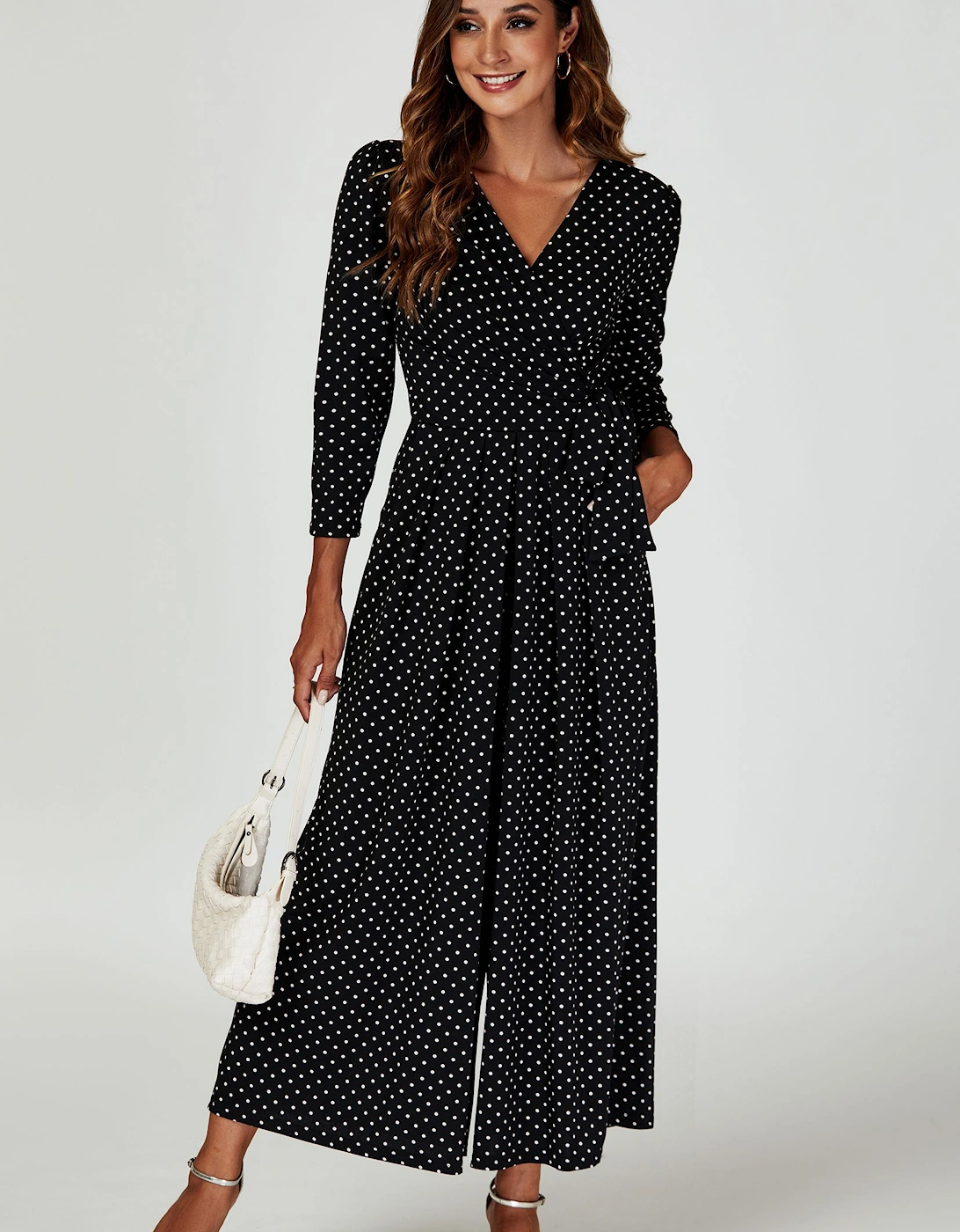 Dot Print Wrap Top Jumpsuit Dress In Black, 2 of 1