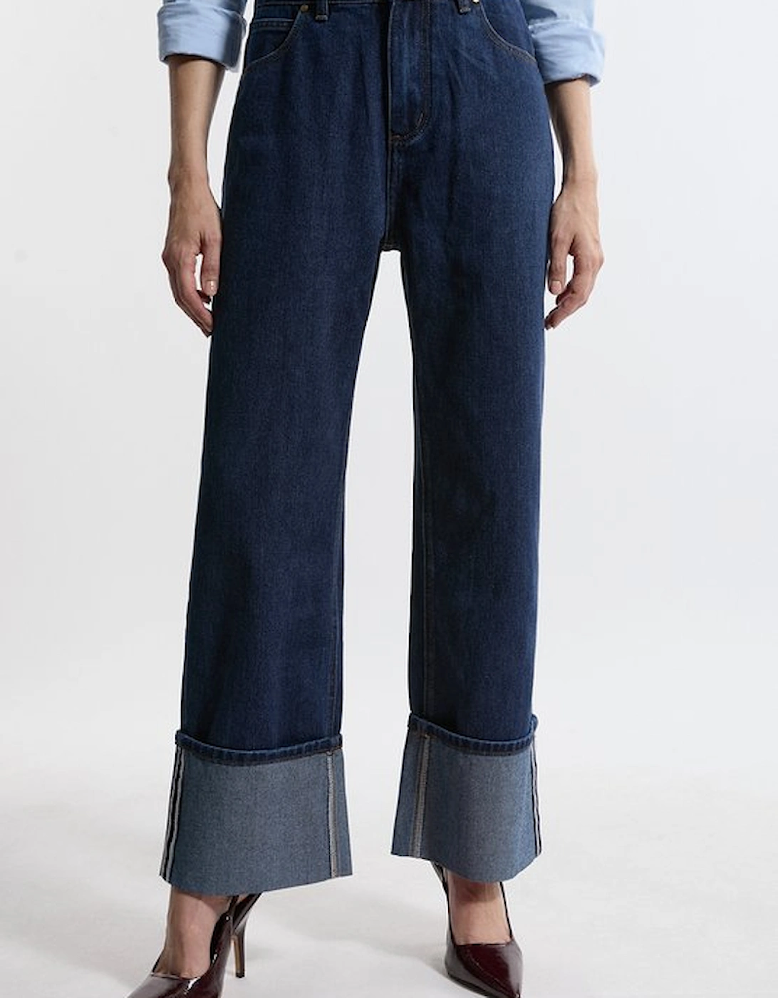 Denim Straight Leg Turn Up Hem Jeans