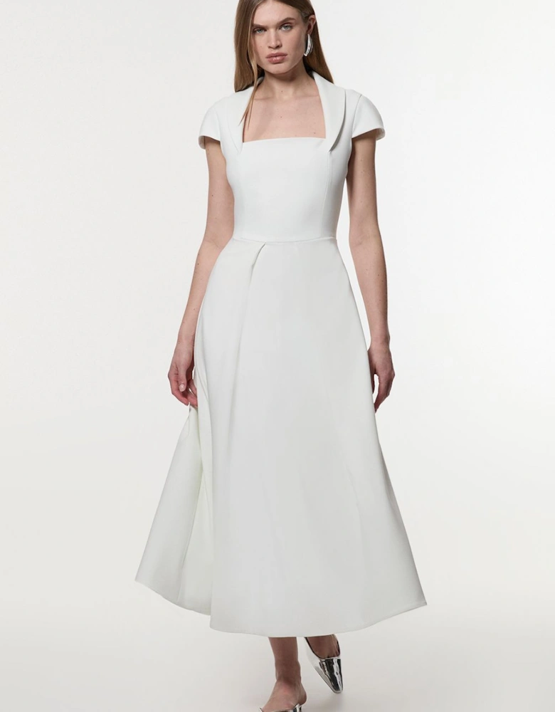 Compact Stretch Square Neck Tailored Full Skirted Maxi Dress