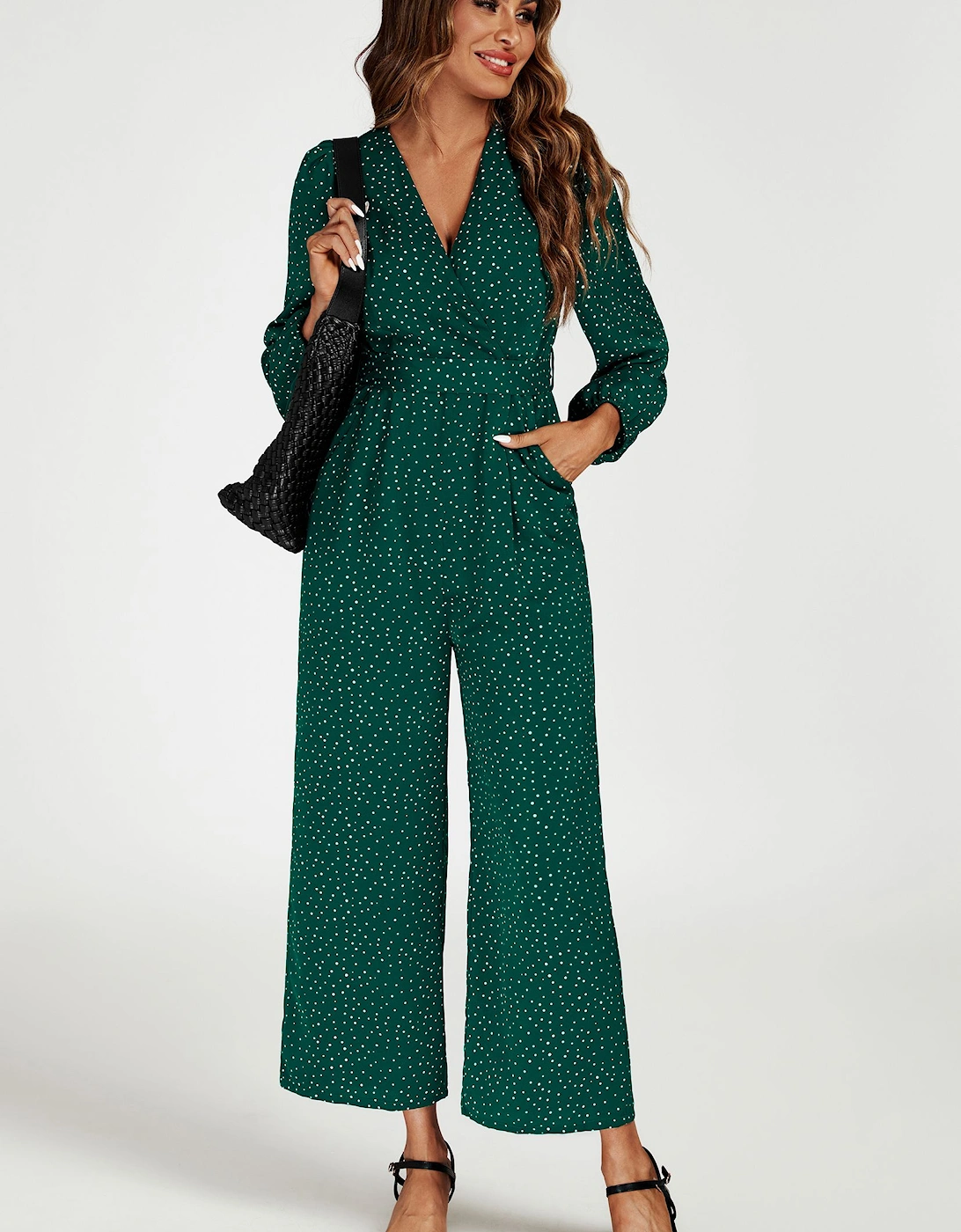 Dot Print Wrap Jumpsuit In Green, 2 of 1
