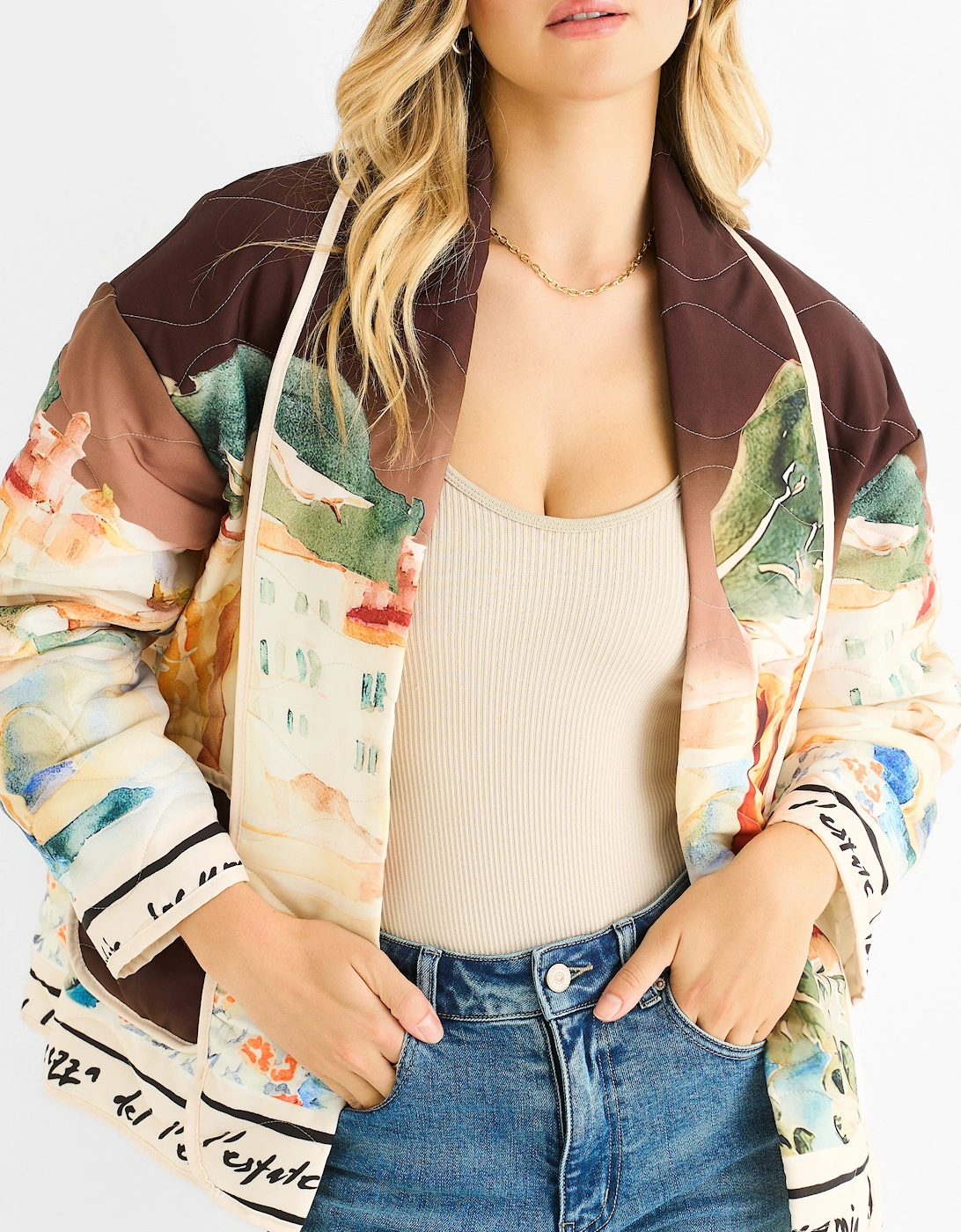 Gini London Women's Chocolate Water Print Lightweight Quilted Jacket - Size: 8/10