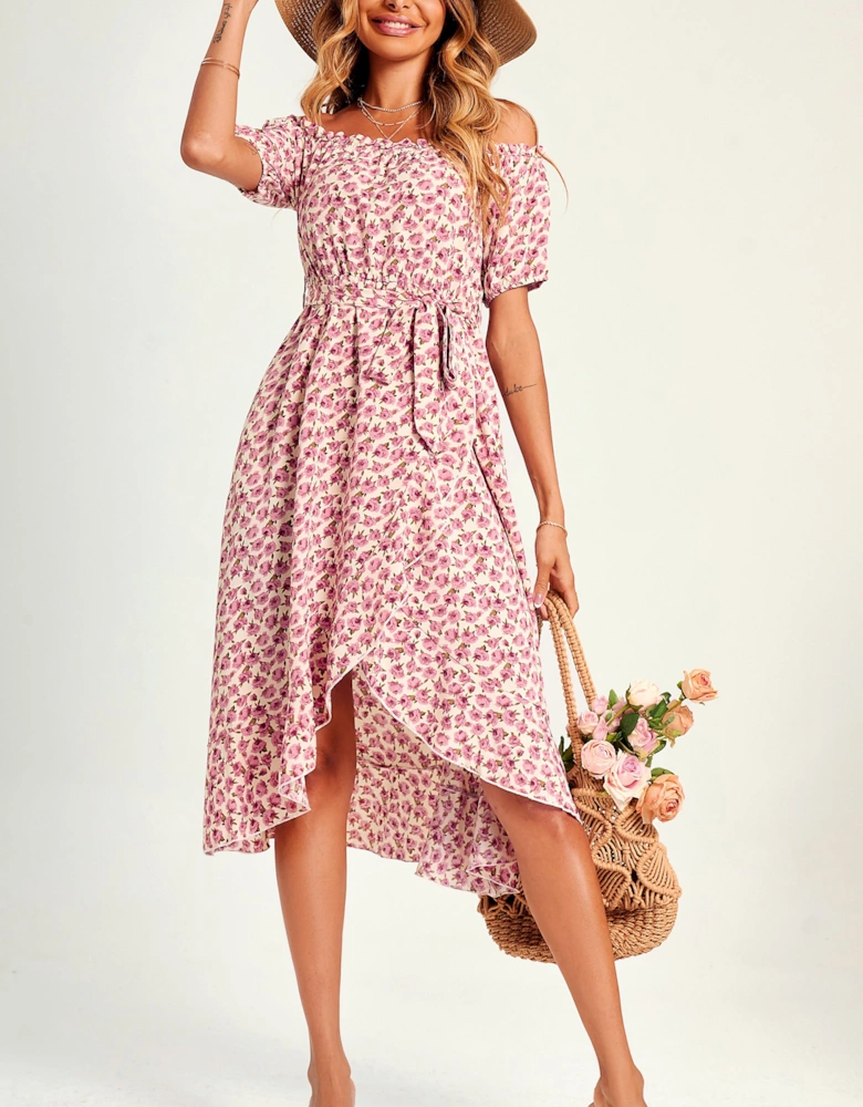 Rose Garden Bardot Frill High Low Slip Midi Dress In Pink