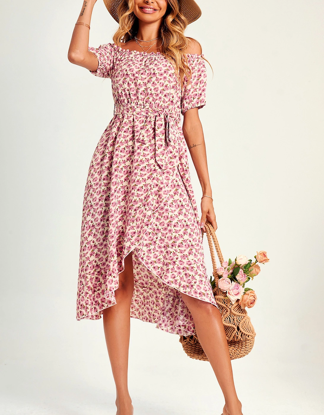 Rose Garden Bardot Frill High Low Slip Midi Dress In Pink, 2 of 1