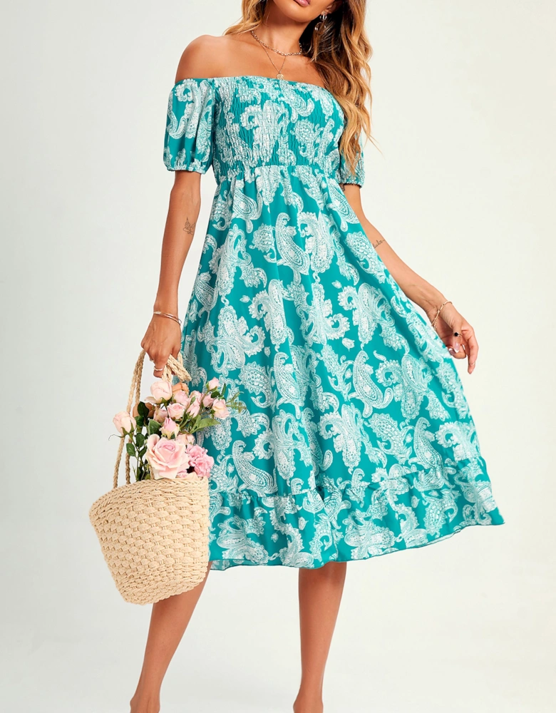 Bardot Puff Sleeve Elasticated Detail Midi Dress In Turquoise Green