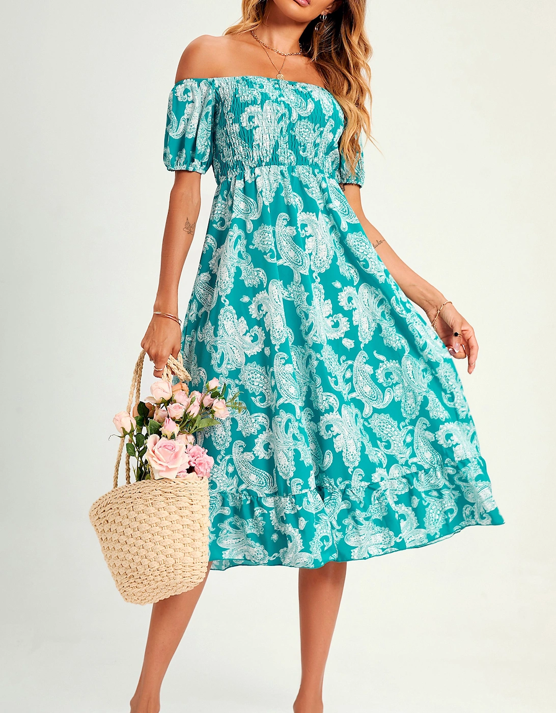 Bardot Puff Sleeve Elasticated Detail Midi Dress In Turquoise Green, 2 of 1