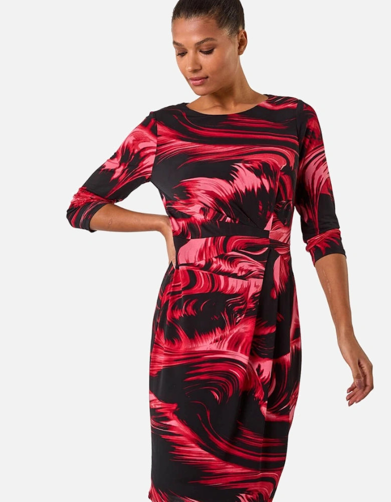 Side Ruched Brush Print Dress