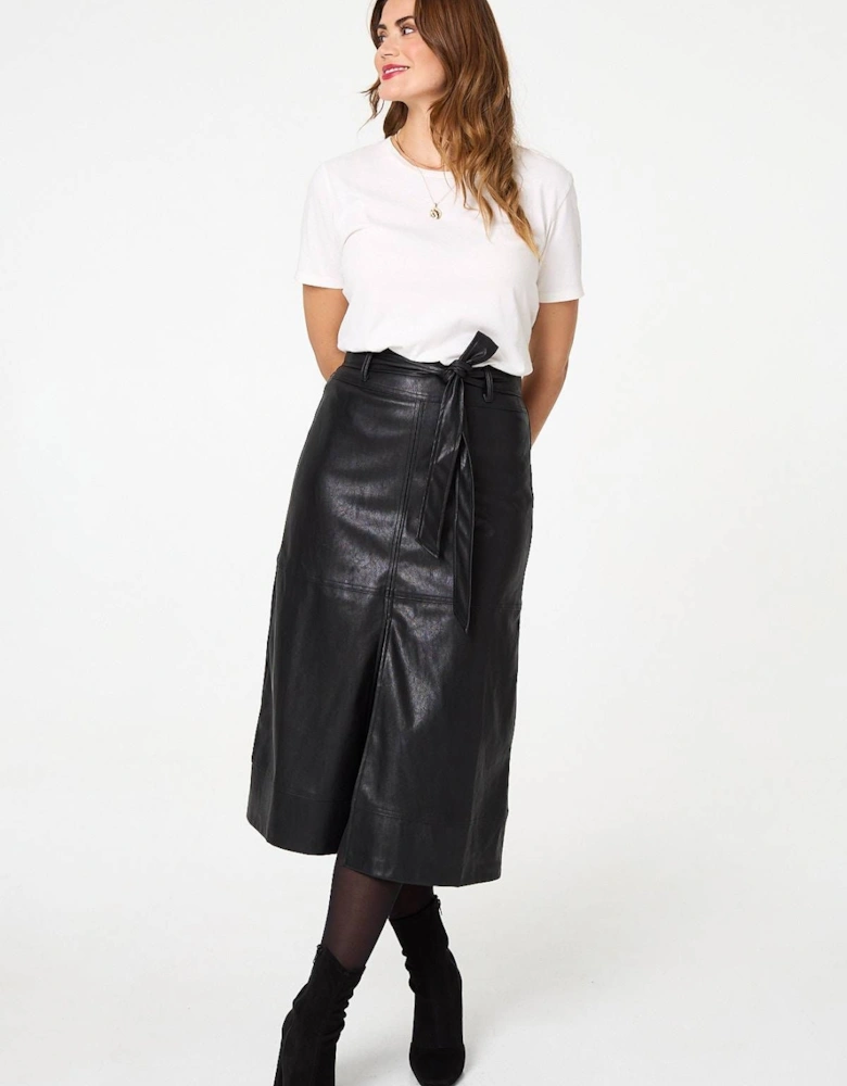 Faux Leather Tie Waist A-Line Midi Skirt