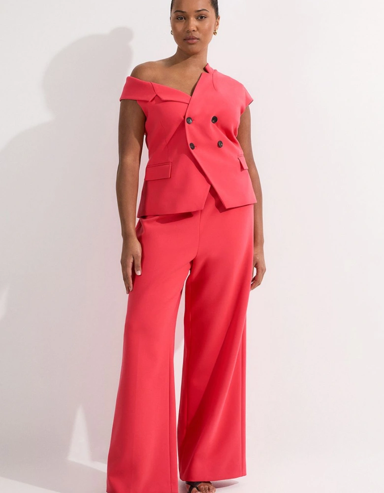 Plus Size Compact Stretch Asymmetric Collar Wide Leg Tailored Jumpsuit