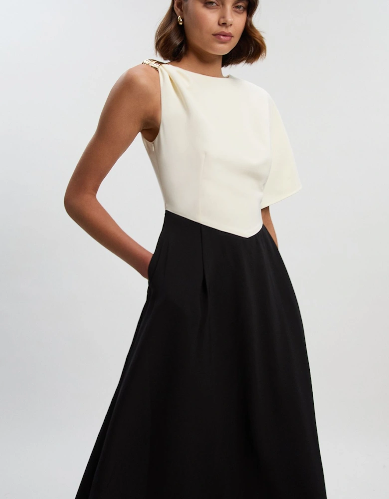 Soft Tailored Trim Detail Full Skirt Midi Dress