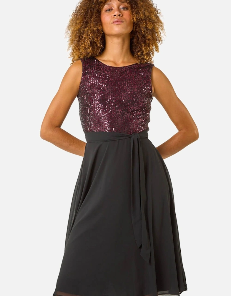 Sequin Bodice Belted Chiffon Dress